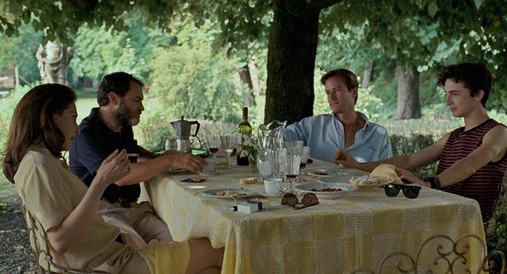 Amira Casar, Michael Stuhlbarg, Armie Hammer, and Timothée Chalamet in Call Me by Your Name (2017)