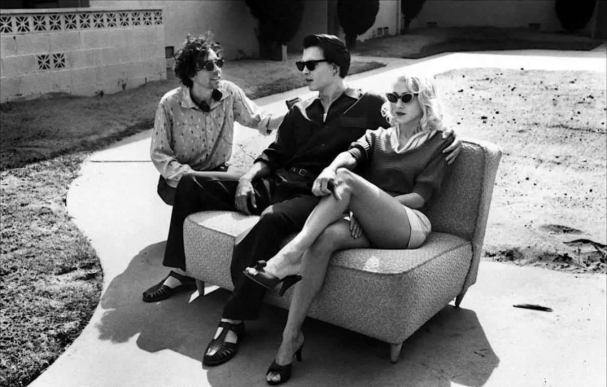 Tim Burton, Johnny Depp e Sarah Jessica Parker sul set di Ed Wood (1994)