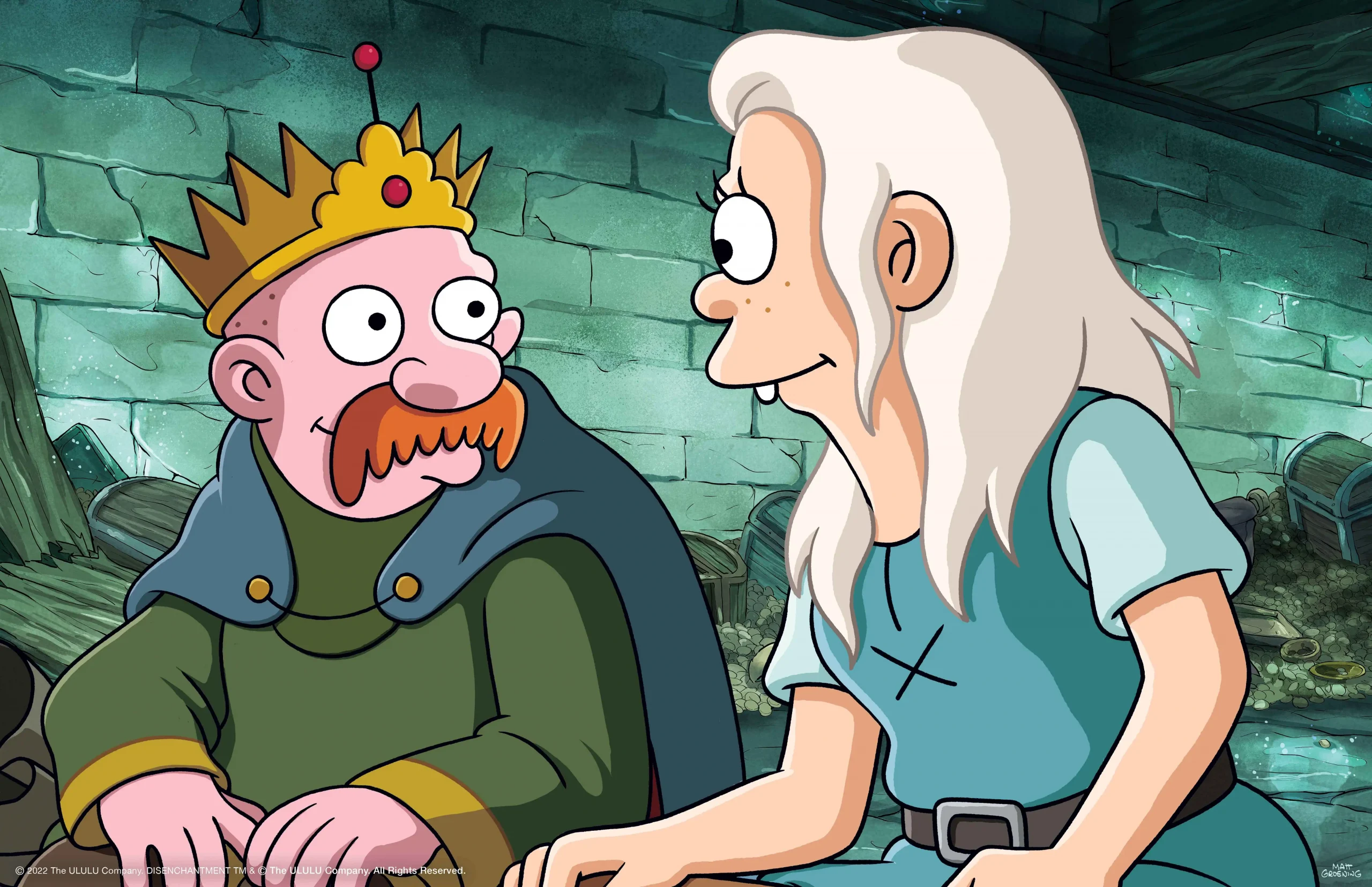 Disincanto (L to R) John DiMaggio as King Zog and Abbi Jacobson as Bean in Disenchantment. Cr. COURTESY OF NETFLIX © 2022
