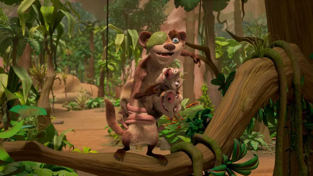 Buck (voiced by Simon Pegg), Eddie (voiced by Aaron Harris) and Crash (voiced by Vincent Tong) in THE ICE AGE ADVENTURES OF BUCK WILD, exclusively on Disney+. Photo courtesy of Disney Enterprises, Inc. © 2022 Disney Enterprises, Inc. All Rights Reserved.