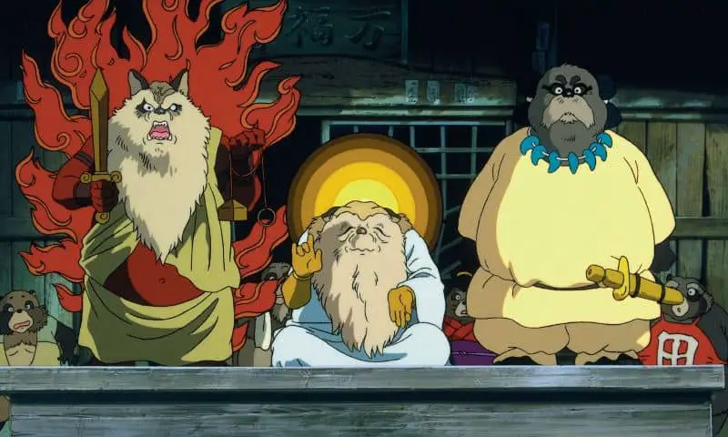 Da sinitra a destra: Inugami Gyobu, Il Pelato di Yashima e Kincho IV. Fotogramma di Pom Poko
