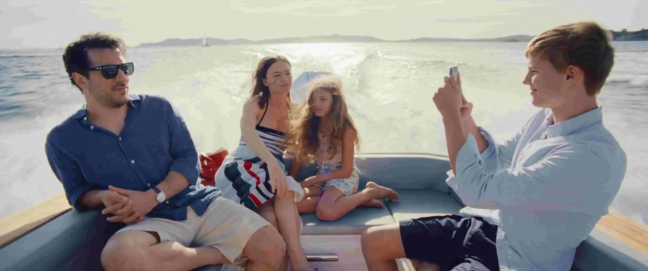 Fahri Ogün Yadim as John, Valerie Pachner as Esther, Naila Schuberth as Alba and Caspar Hoffmann as Philipp on the set of Delicious, Courtesy of Netflix 2025