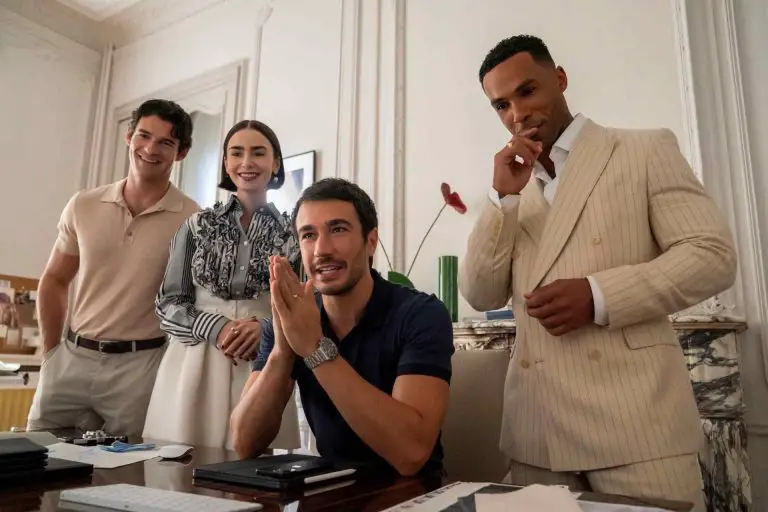 Emily In Paris. (L to R) Paul Forman as Nicolas De Leon, Lily Collins as Emily, Eugenio Franceschini as Marcello, Lucien Laviscount as Alfie in episode 509 of Emily In Paris. Cr. Caroline Dubois/Netflix © 2025